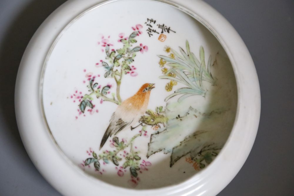 A Chinese porcelain brush holder, diameter 7cm and a Chinese enamelled shallow bowl, paintwork signed, 14cm